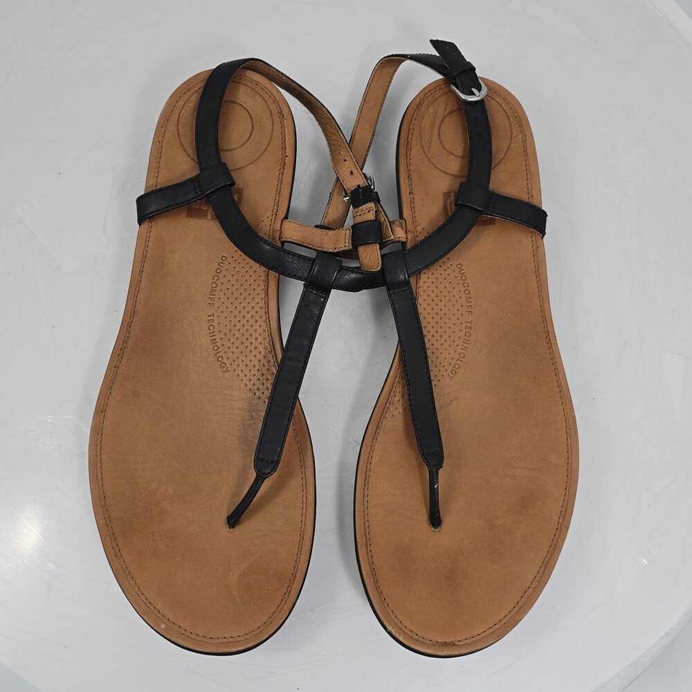 FitFlop TIA T-Strap/Ankle Thong Black Leather Women 10 Wedge Sandals